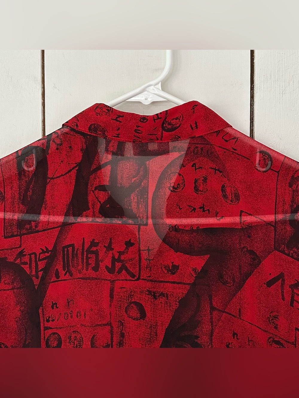 VTG 90s Y2K Sheer Silk Top Sz M Calligraphy Asian Inspired Burgundy Red Black - Picture 7 of 11